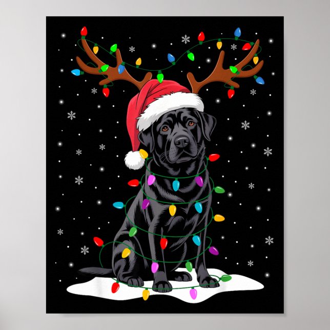 Black Labrador Santa Hat Reindeer Tree Lights Chri Poster (Framsidan)
