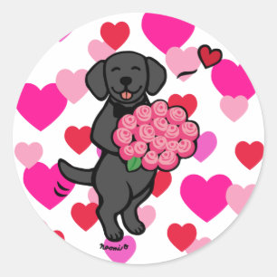 Black Labrador Tecknad Valentine Hearts Runt Klistermärke