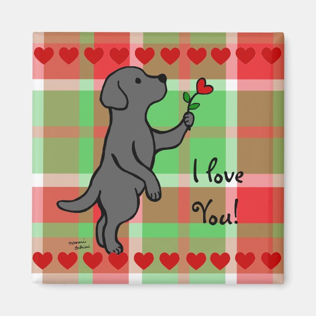 Black Labrador Tiny Heart Flower Tecknad Magnet (Framsidan)