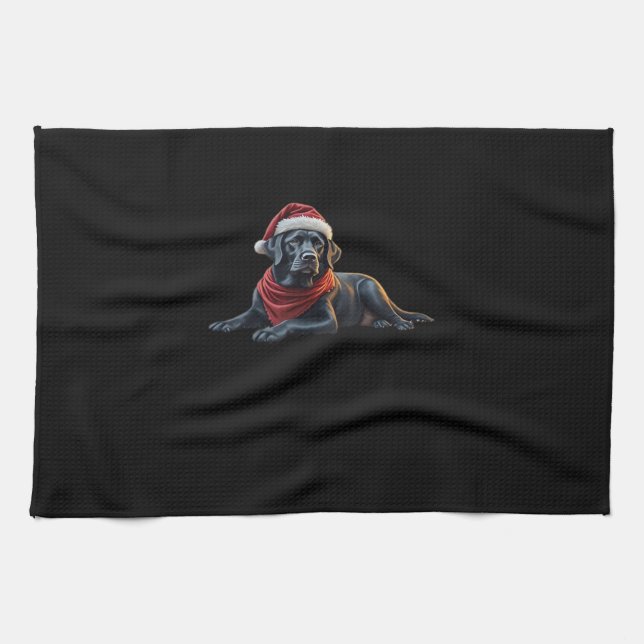 Black Labrador vid jul i Santa Hat och Scarf Kökshandduk (Horisontell)