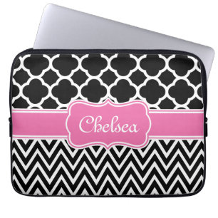 Black Lattice/Chevron Mönster Rosa Namn Laptop Fodral