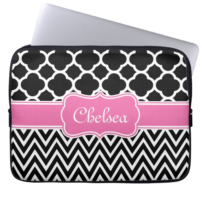 Black Lattice/Chevron Mönster Rosa Namn Laptop Fodral (Framsidan)