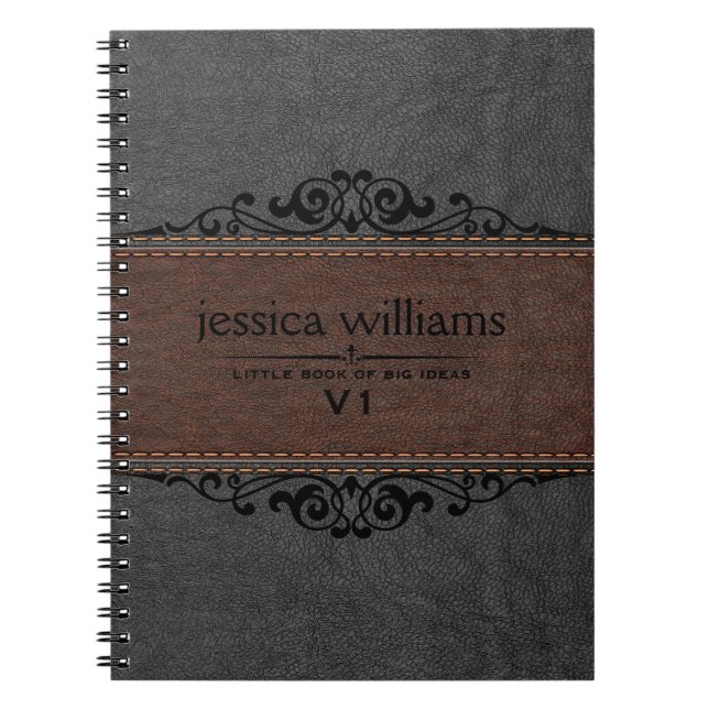 Black Leather Black Blommigt Inslag Anteckningsbok Med Spiral (Framsidan)