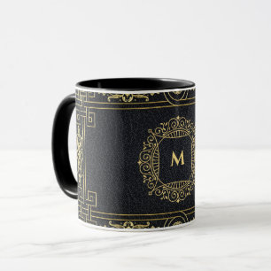 Black Leather Guld Art Deco Monogram Brev-kaffe Mugg