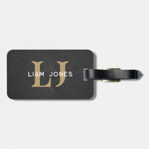 Black Leather Initialer Monogrammed Modern Vintage Bagagebricka