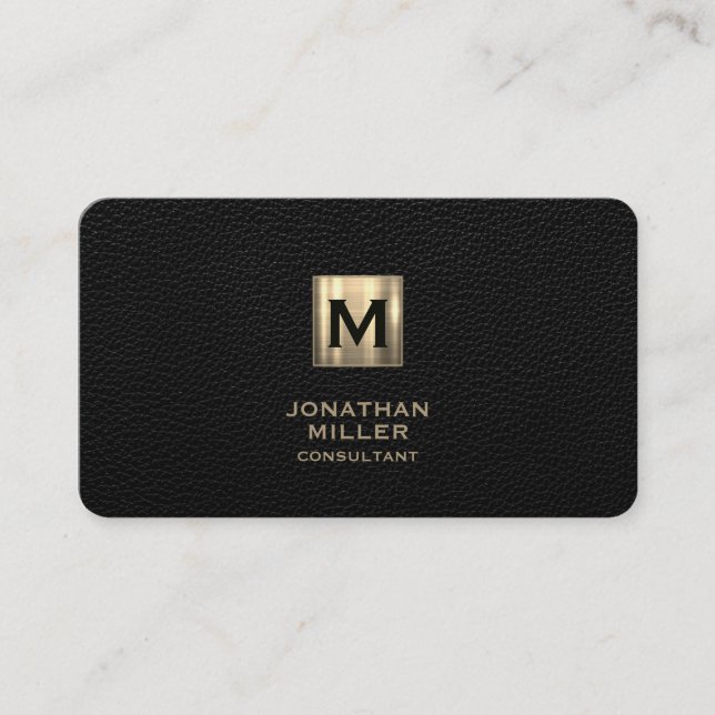 Black Leather Luxury Guld Monogram Visitkort (Framsida)