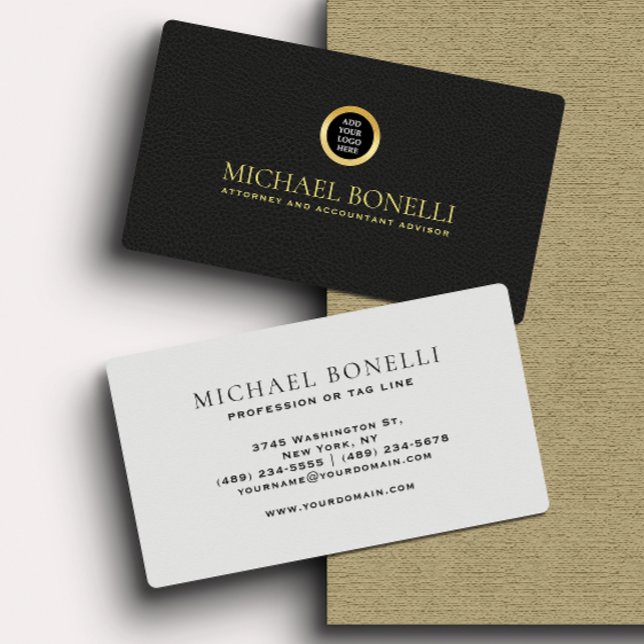 Black Leather Masculine Corporate Round Guld Logot Visitkort (Skapare uppladdad)