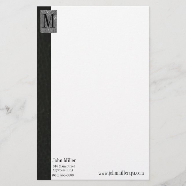 Black Leather Monogram Business Letterhead Brevpapper (Framsida)
