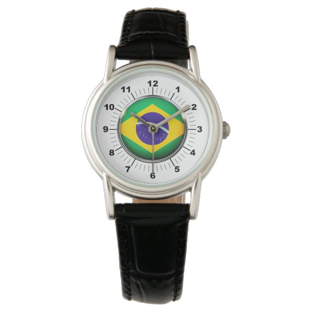 Black Leather Watch för Flagga i Brasilien Armbandsur (Framsida)