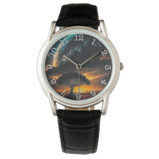 Black Leather Watch för Planet Träd-Krona Armbandsur