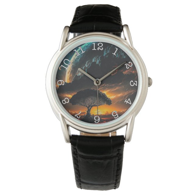 Black Leather Watch för Planet Träd-Krona Armbandsur (Framsida)
