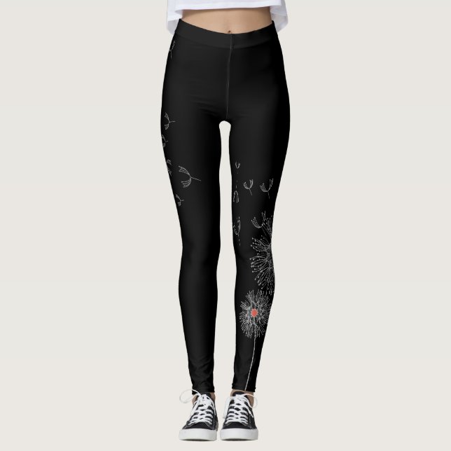 Black Leggings with Dandelion Print på One Leg (Framsida)