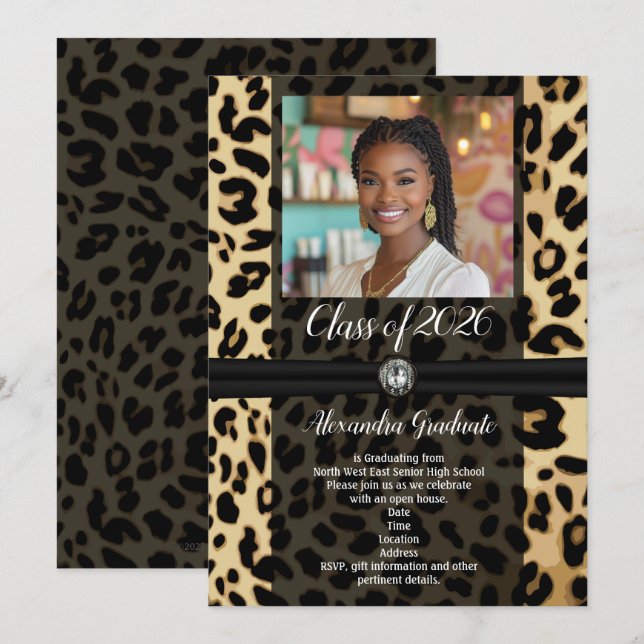 Black Leopard Animal Print Photo 2019 Studenten Inbjudningar (Fram/baksida)