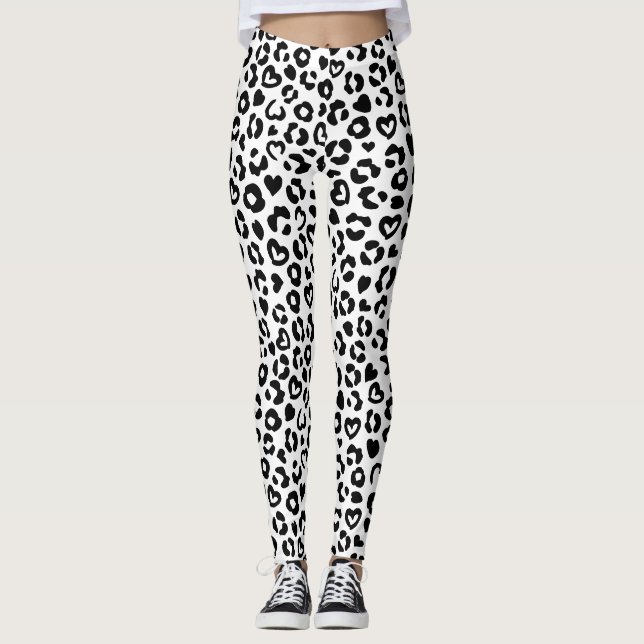 Black Leopard Heart Mönster Leggings (Framsida)