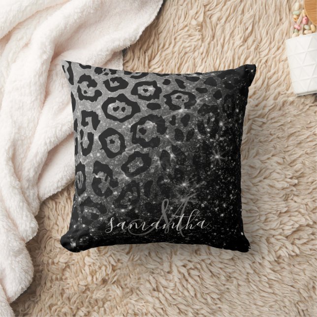 Black Leopard Print och Glitter Kudde (Filt)