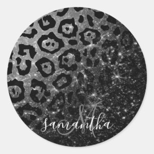 Black Leopard Print och Glitter Runt Klistermärke