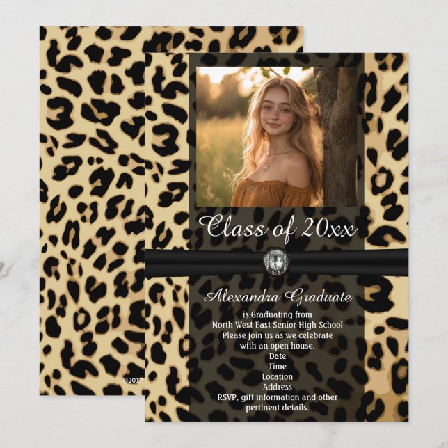 Black Leopard Ribbon Jewel Photo Studenten Inbjudningar (Fram/baksida)