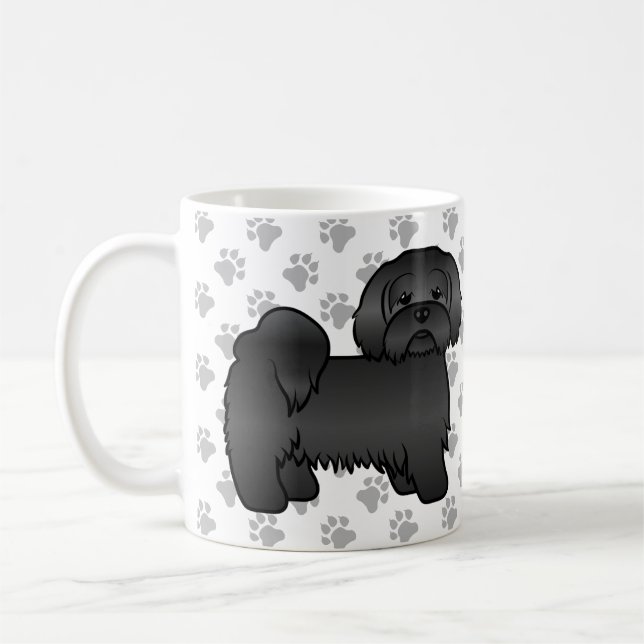 Black Lhasa Apso Cute Tecknad hund Illustration Kaffemugg (Vänster)