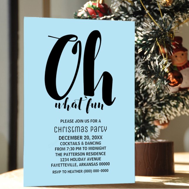 Black Light Blue Oh What Roligt Julfest Inbjudan (Black and Light Blue Oh What Fun Holiday Party Invite)