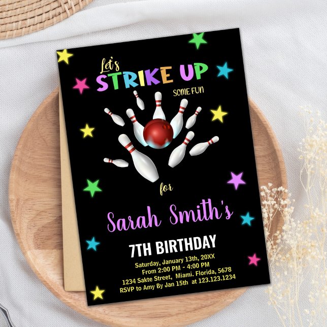 Black Light Lila Bowling Birthday-inbjudningar Inbjudningar (Black Light Purple Bowling Birthday Invitations)