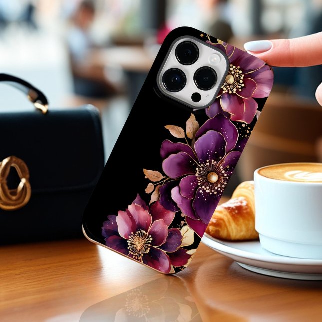 Black Lila Blommigt (Black Purple Gold Floral Case-Mate iPhone Case)