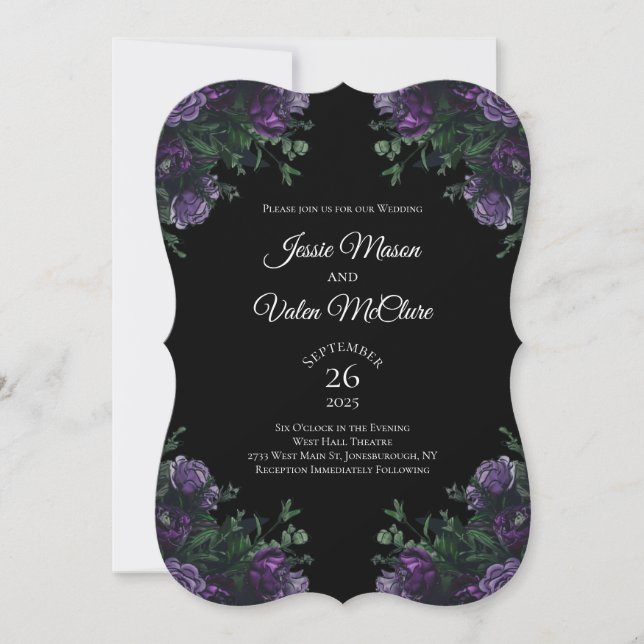 Black Lila Blommigt Elegant bröllop Gothic Inbjudningar (Framsida)