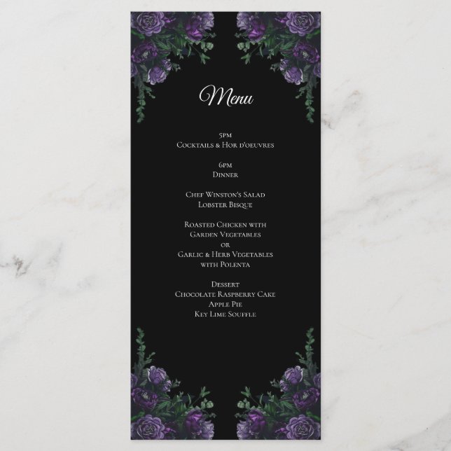 Black Lila Blommigt Elegant bröllop Gothic Meny (Framsida)