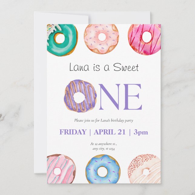 bläck Lila Blue Donut 1:a födelsedagen Party Inbjudningar (Framsida)