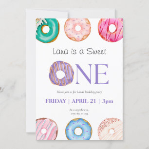 bläck Lila Blue Donut 1:a födelsedagen Party Inbjudningar