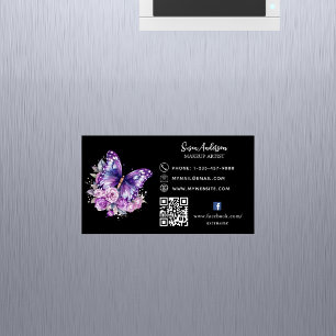 Black lila butterfly-blommor QR-kod Facebook Magnetiska Visitkort