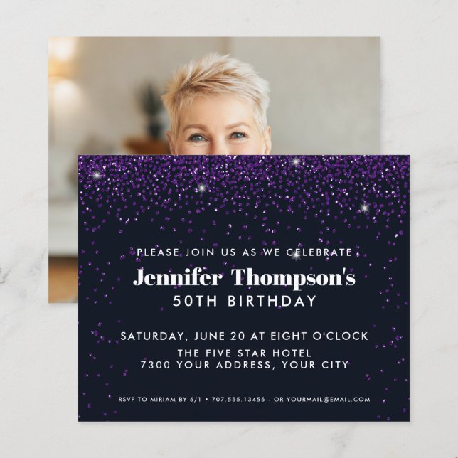 Black Lila Confetti Glitter 50:e födelsedagsfoto (Fram/baksida)