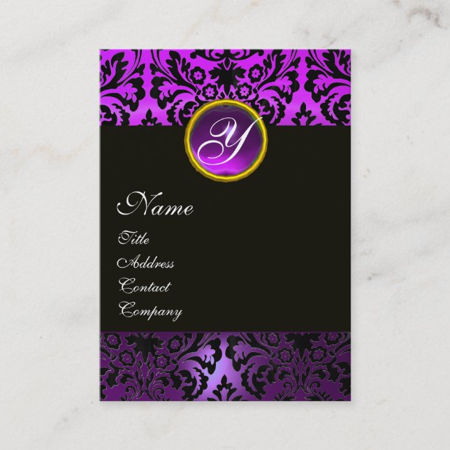 BLACK LILA DAMASK BLOMMIGT MONOGRAM,Ametyst Visitkort (Framsida)