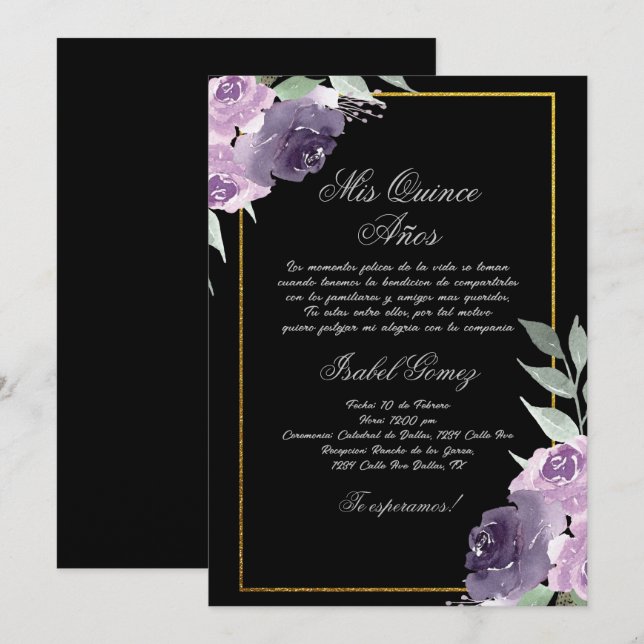 Black Lila Flower Quinceanera-inbjudan Inbjudningar (Fram/baksida)