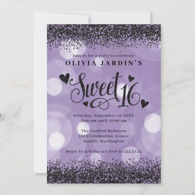 Black & Lila Glam Sweet 16-inbjudan Inbjudningar (Framsida)