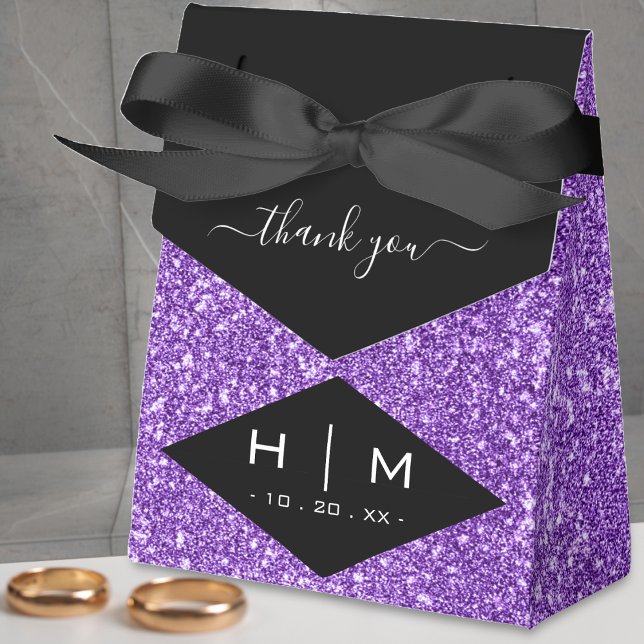 Black & Lila Glitter Cute Chic Bröllop Presentaskar (black and purple glitter thank you monogram favor box)