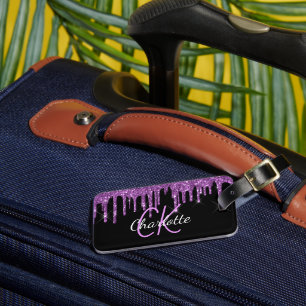 Black lila glitter droppar anpassningsbar monogram bagagebricka