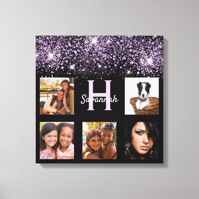 Black lila glitter fotocollage namn unika fotocoll canvastryck (Framsida)