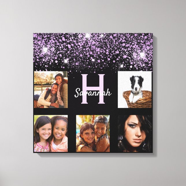 Black lila glitter fotocollage namn unika fotocoll canvastryck (Framsida)
