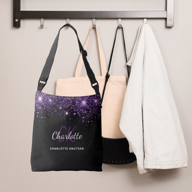 Black lila glitter monogram initialer glamoral axelväska (Skapare uppladdad)