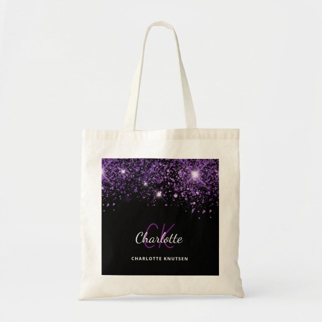 Black lila glitter monogram initialer tygkasse (Framsidan)