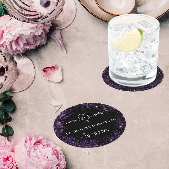Black lila glitter mr Mrs bröllop Underlägg Papper Rund (Skapare uppladdad)