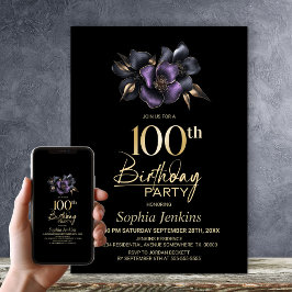 Black Lila Grått Blommigt 100:e Födelsedagsfesten Inbjudningar