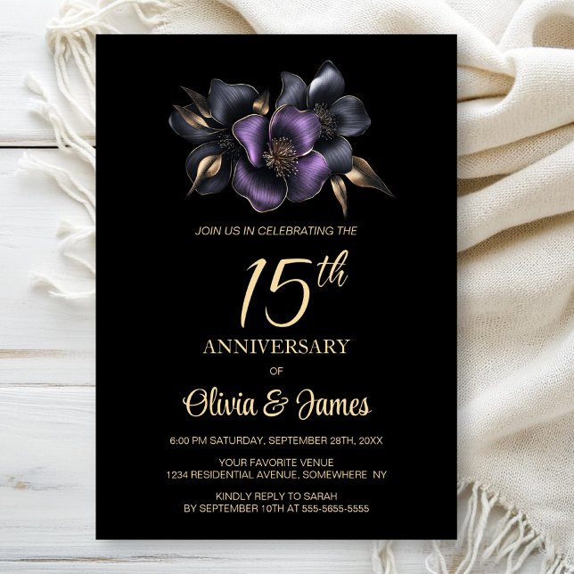 Black Lila Grått Blommigt 15-årsdagen Inbjudningar (Skapare uppladdad)