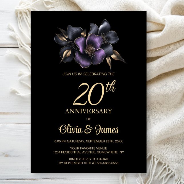Black Lila Grått Blommigt 20-årsdagen Inbjudningar (Skapare uppladdad)