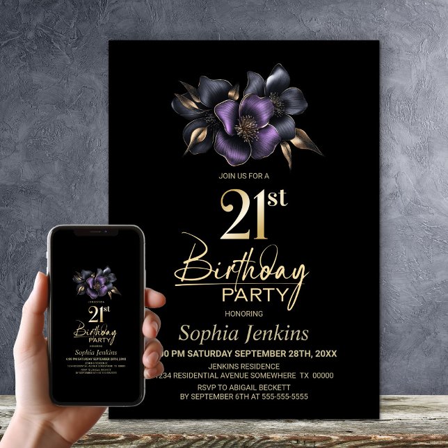 Black Lila Grått Blommigt 21:a födelsedagen Party Inbjudningar (Skapare uppladdad)