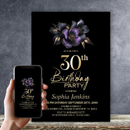 Black Lila Grått Blommigt 30års födelsedag Party Inbjudningar