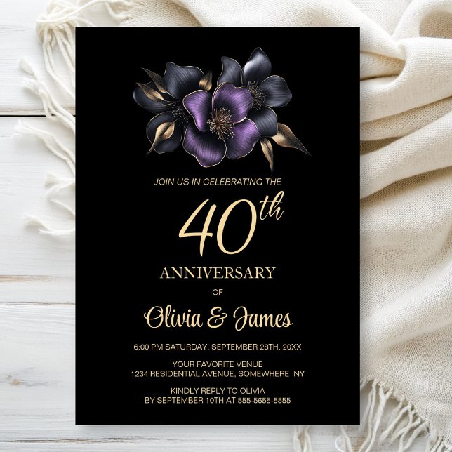 Black Lila Grått Blommigt 40-årsdagen Inbjudningar (Skapare uppladdad)