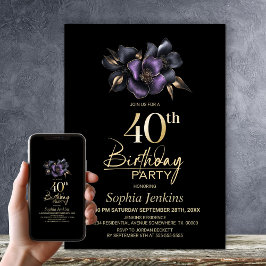 Black Lila Grått Blommigt 40:e födelsedagen Party Inbjudningar
