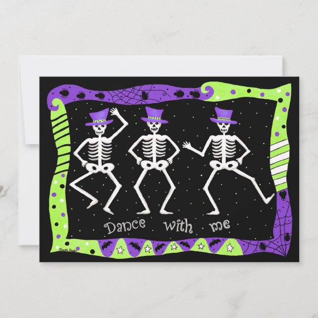 Black Lila Grönt Halloween Skeleton Bone Dance Inbjudningar (Framsida)