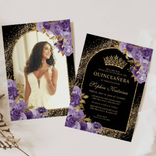 Black Lila Guld Glitter Blommigt Photo Quinceanera Inbjudningar